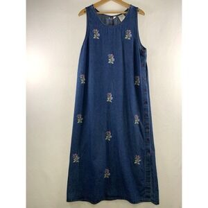 VTG Erika Women Floral Embroidered Denim Maxi Dress S/M Oversized Cottage Dainty